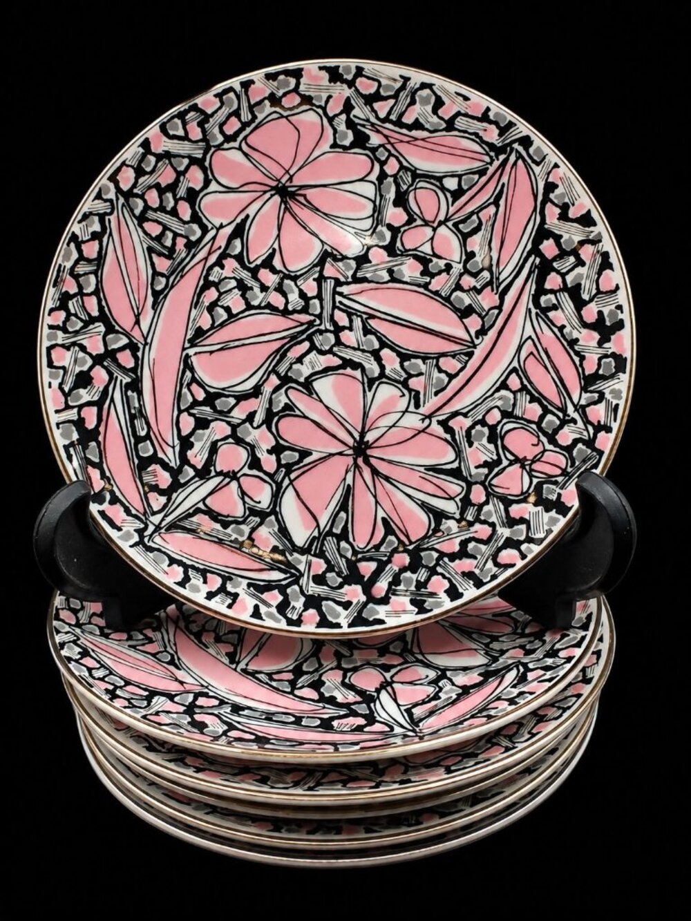 1954 Noritake Nippon Toki Kaisha Japan Floral Plates Set 6 6" Pink Black Vintage